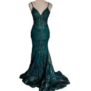 KOS Couture Forest Green Sequined Lace Up Corset Mermaid Gown Glam Fairy Luxury